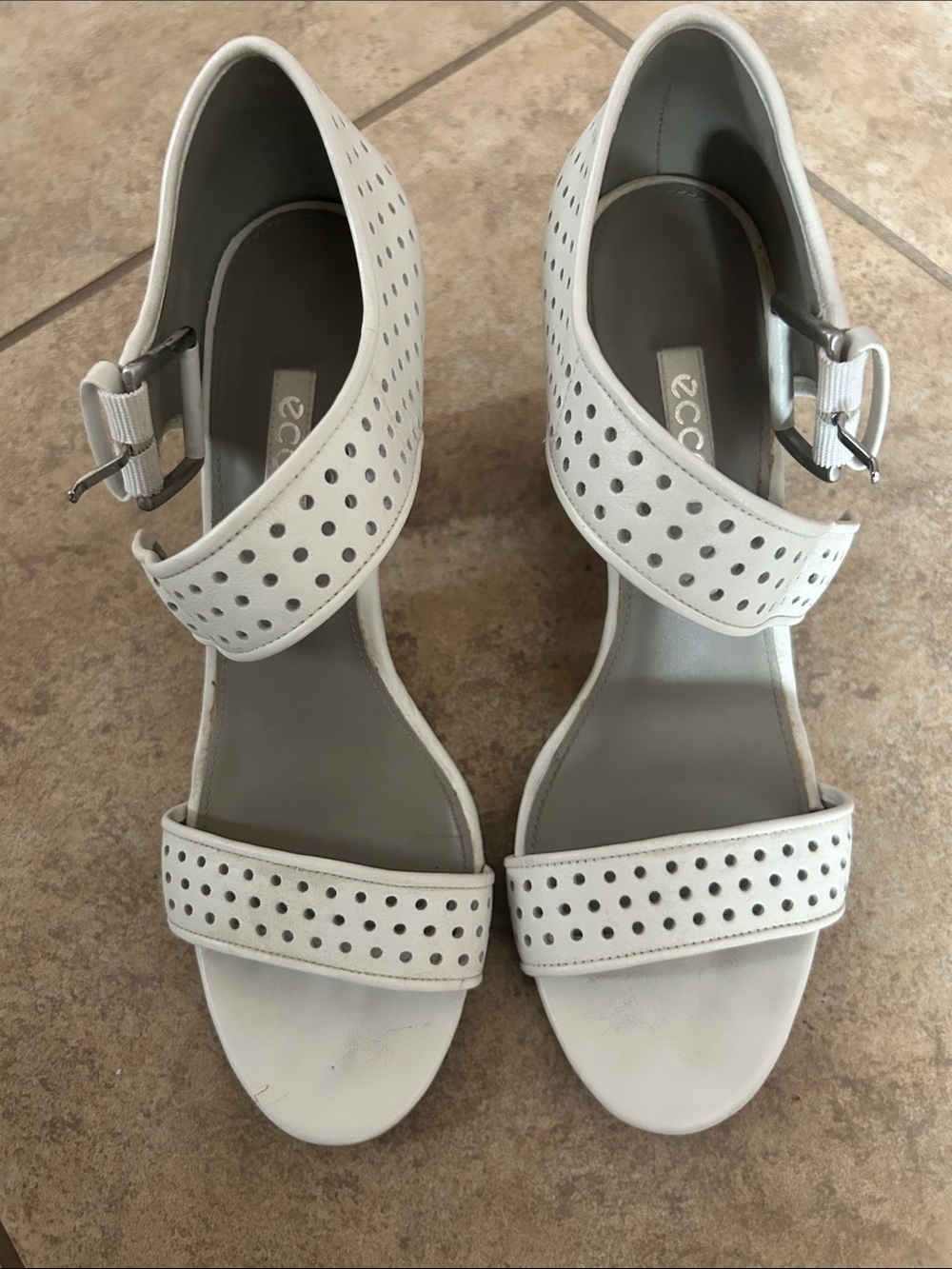 Ecco White Perforated Leather Ankle-Strap Heels